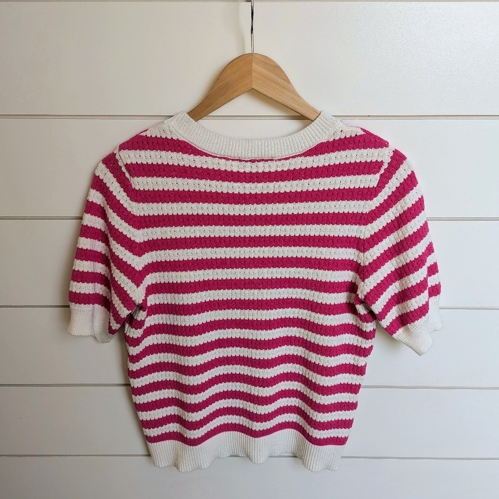 Open Stitch Short Sleeve Sweater Top Pink Stripe Large Skies Are Blue - Picture 5 of 5